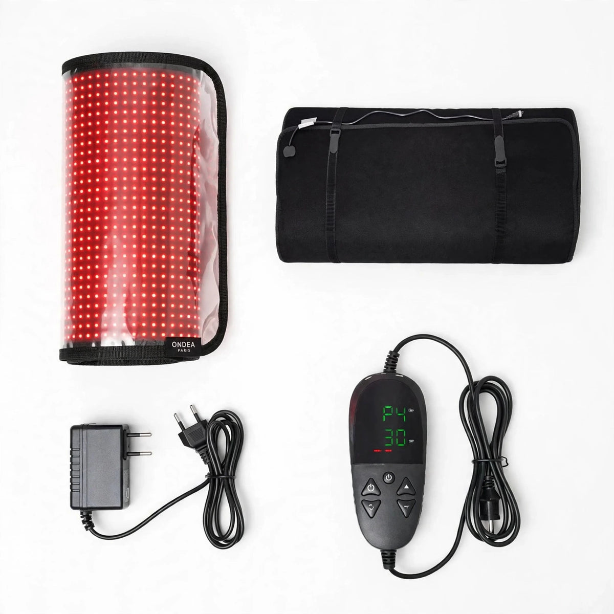 Kit complet du tapis de luminothérapie Ondéa : tapis, sac, adaptateur et télécommande