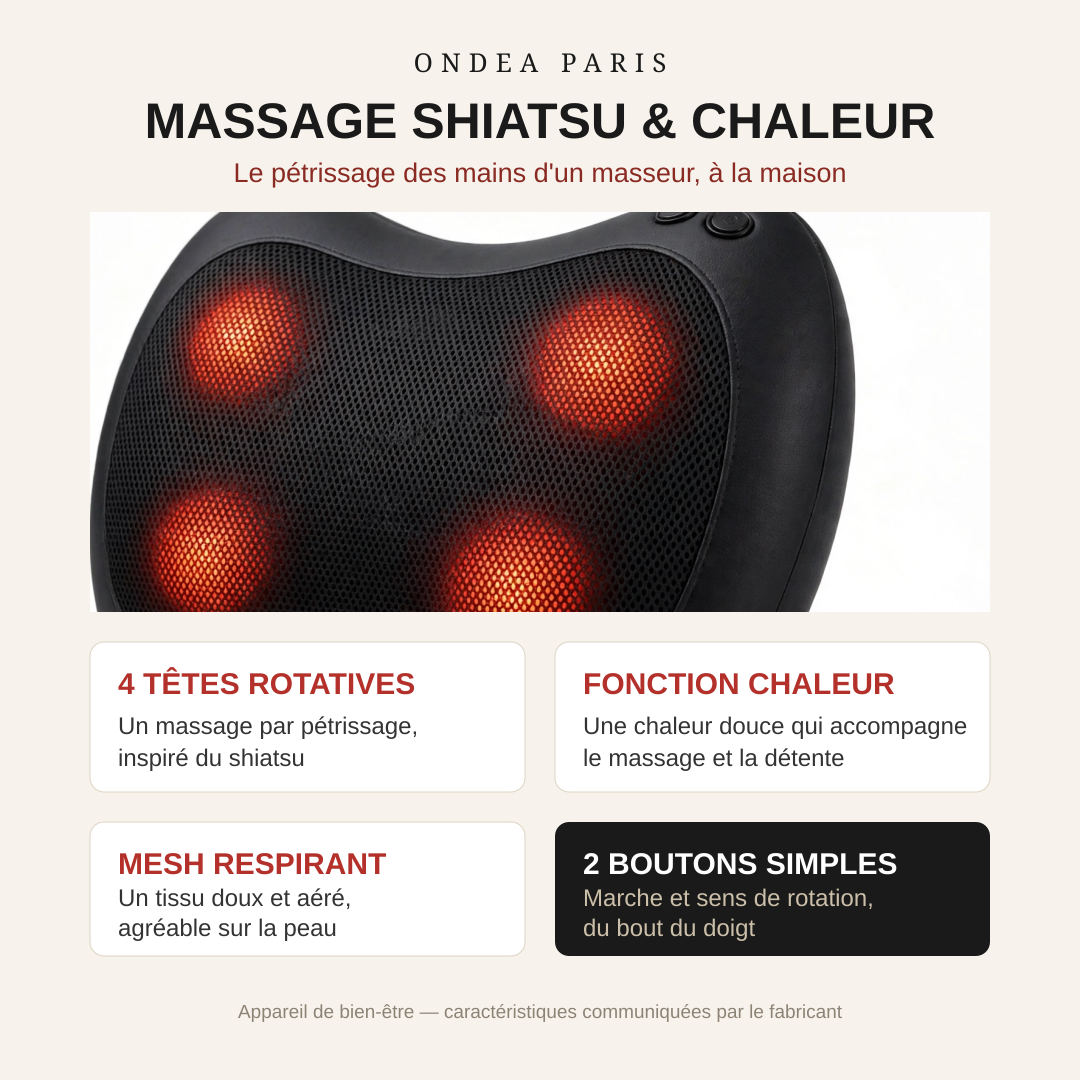 Oreiller de Massage Cervical Chauffant, Pétrissage et Vibration