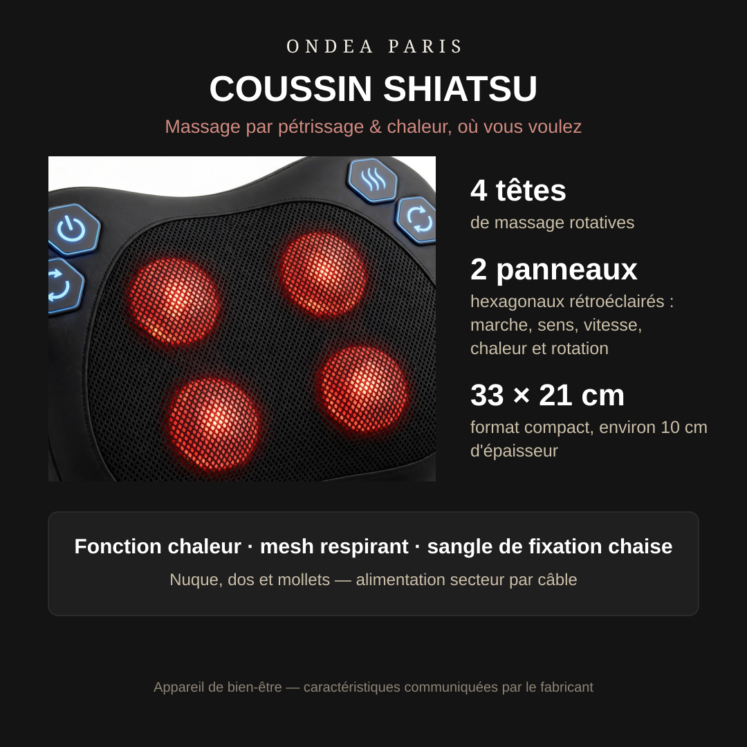 Oreiller de Massage Cervical Chauffant, Pétrissage et Vibration