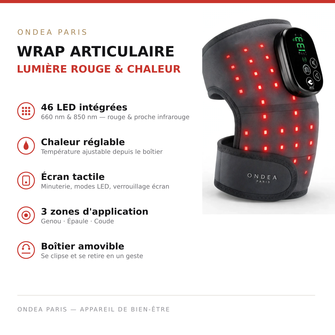 Masseur de Genou 3 en 1 genou coude et épaules Chauffant Sans Fil à Lumière Rouge et Vibration