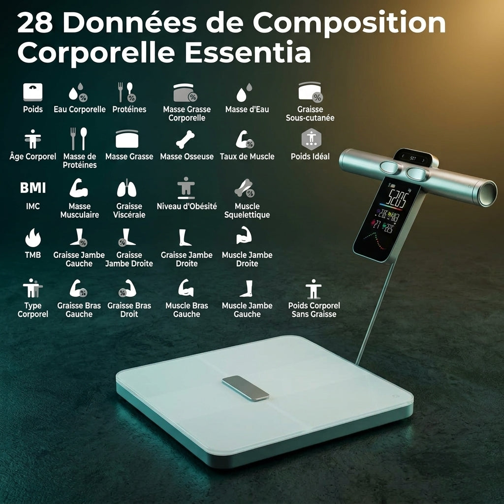 Balance Impédancemètre Intelligente Analyse Corporelle, IMC, Masse Grasse & Bluetooth