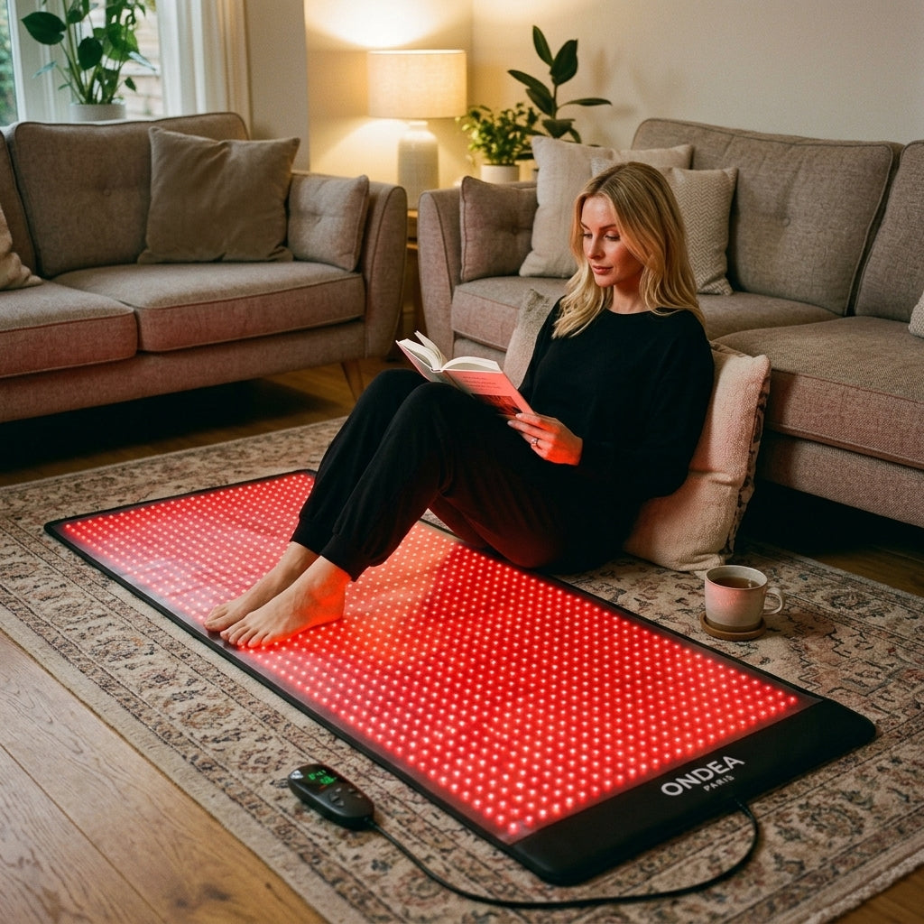 Séance de lecture sur le tapis de luminothérapie Ondéa posé sur un tapis de salon