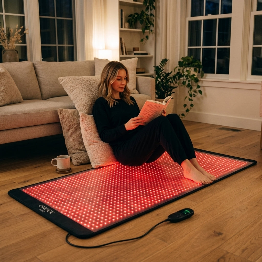 Lecture assise sur le tapis de luminothérapie Ondéa