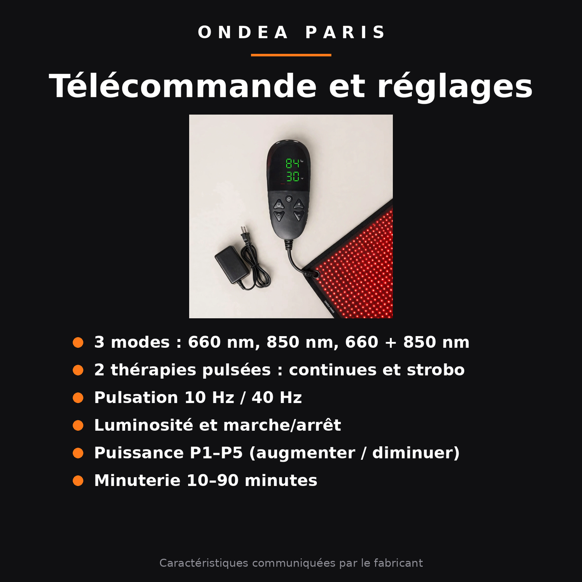 Télécommande et réglages du tapis de luminothérapie Ondéa : 3 modes, puissance P1 à P5, minuterie 10 à 90 minutes