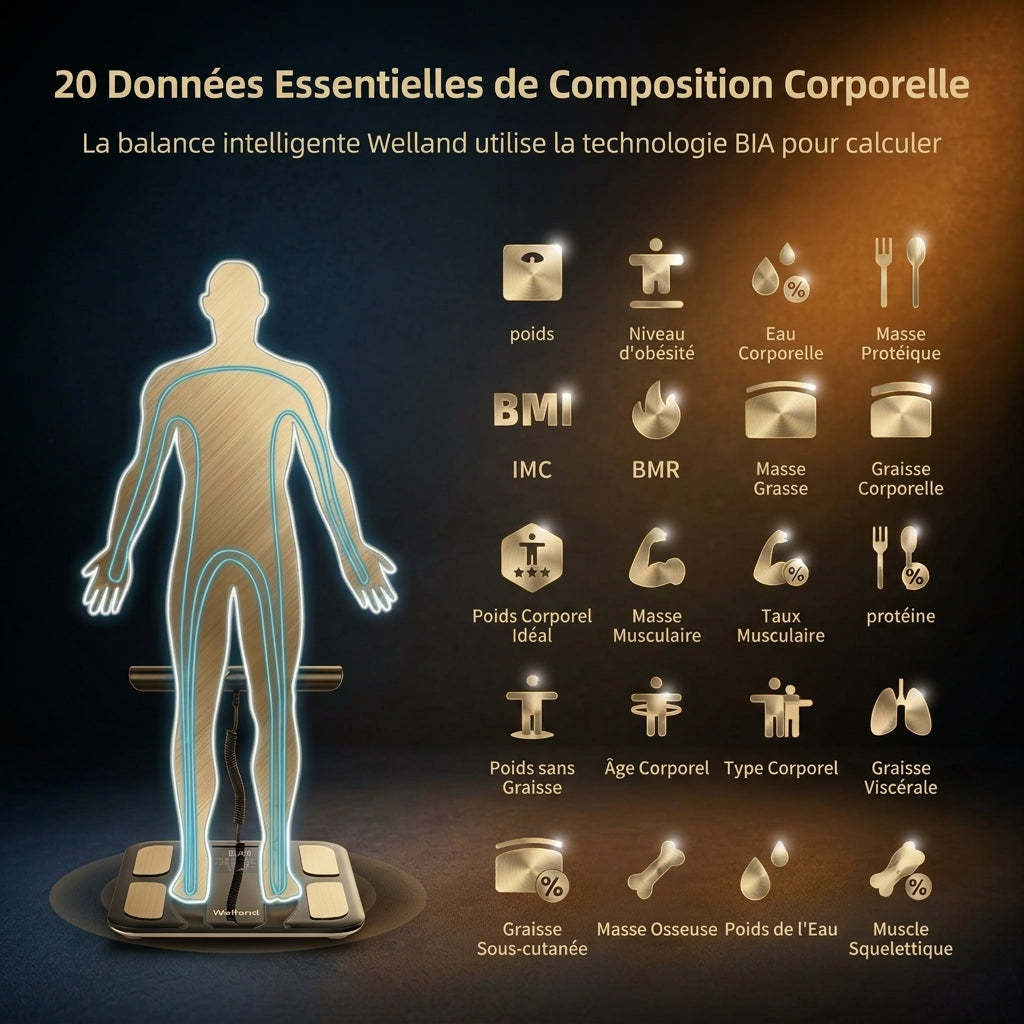 Balance Impédancemètre Connectée IMC, Composition Corporelle, 8 Capteurs